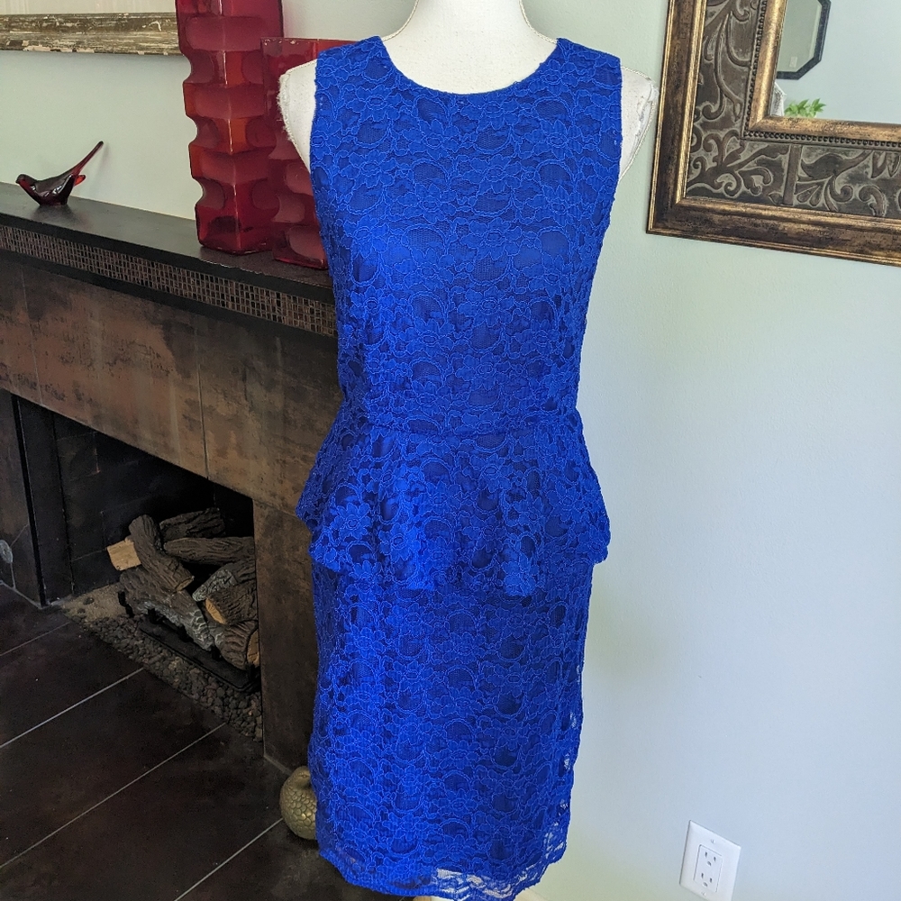JOSEPH RIBKOFF Women's 10 Blue Lace Sleeveless Dress Ruffle Waist Flounce 161
